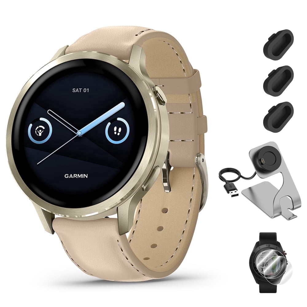 Garmin Venu 4 41mm GPS Smartwatch Lunar Gold Bundle + Dock Dust Covers Screen Guards