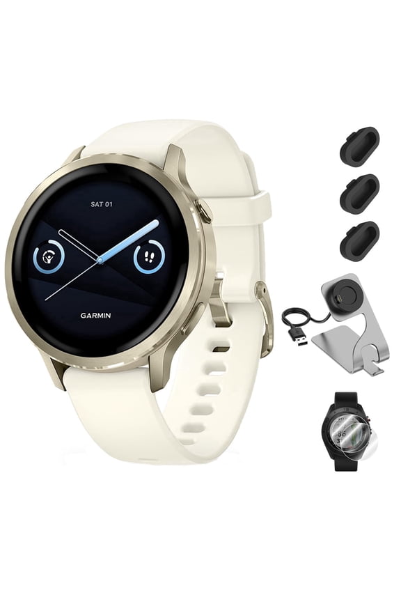 Venu 4 41mm GPS Smartwatch Lunar Gold Bundle + Dock Dust Covers Screen Guards