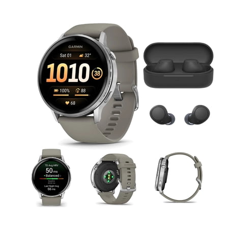 Garmin Venu 4 45mm AMOLED (Silver/Gray) GPS Smartwatch Bundle with Wireless Earbuds (2 Items)