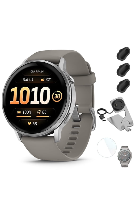 Venu 4 45mm GPS Smartwatch Silver w/ Gray Bundle +Dock Dust Covers Screen Guards