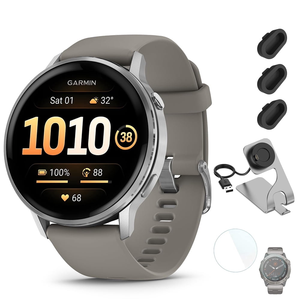 Garmin Venu 4 45mm GPS Smartwatch Silver w/ Gray Bundle +Dock Dust Covers Screen Guards