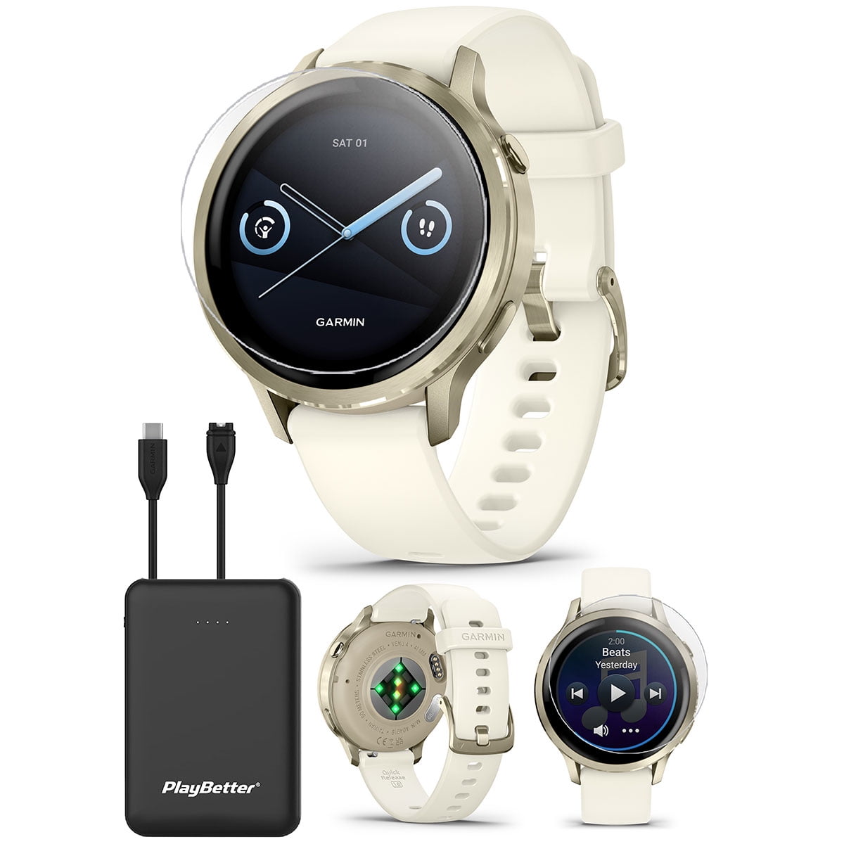 Garmin Venu 4 (Lunar Gold/Bone, 41mm) Fitness GPS Smartwatch Bundle with PlayBetter Portable Charger & HD Screen Protectors