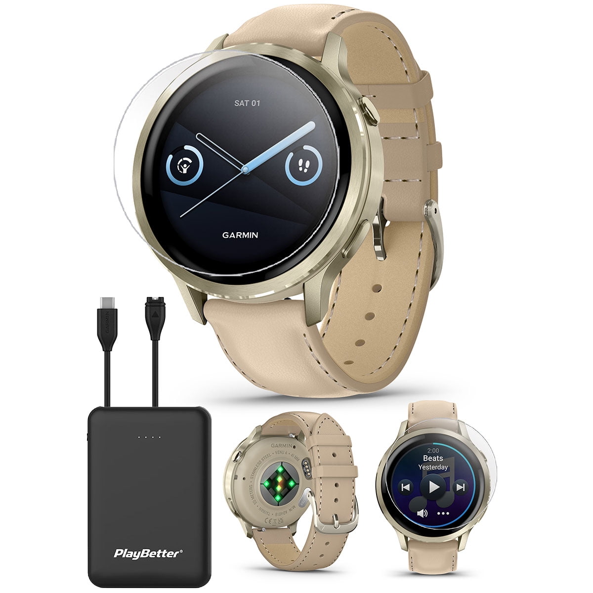 Garmin Venu 4 (Lunar Gold/Light Sand Leather, 41mm) Fitness GPS Smartwatch Bundle with PlayBetter Portable Charger & HD Screen Protectors