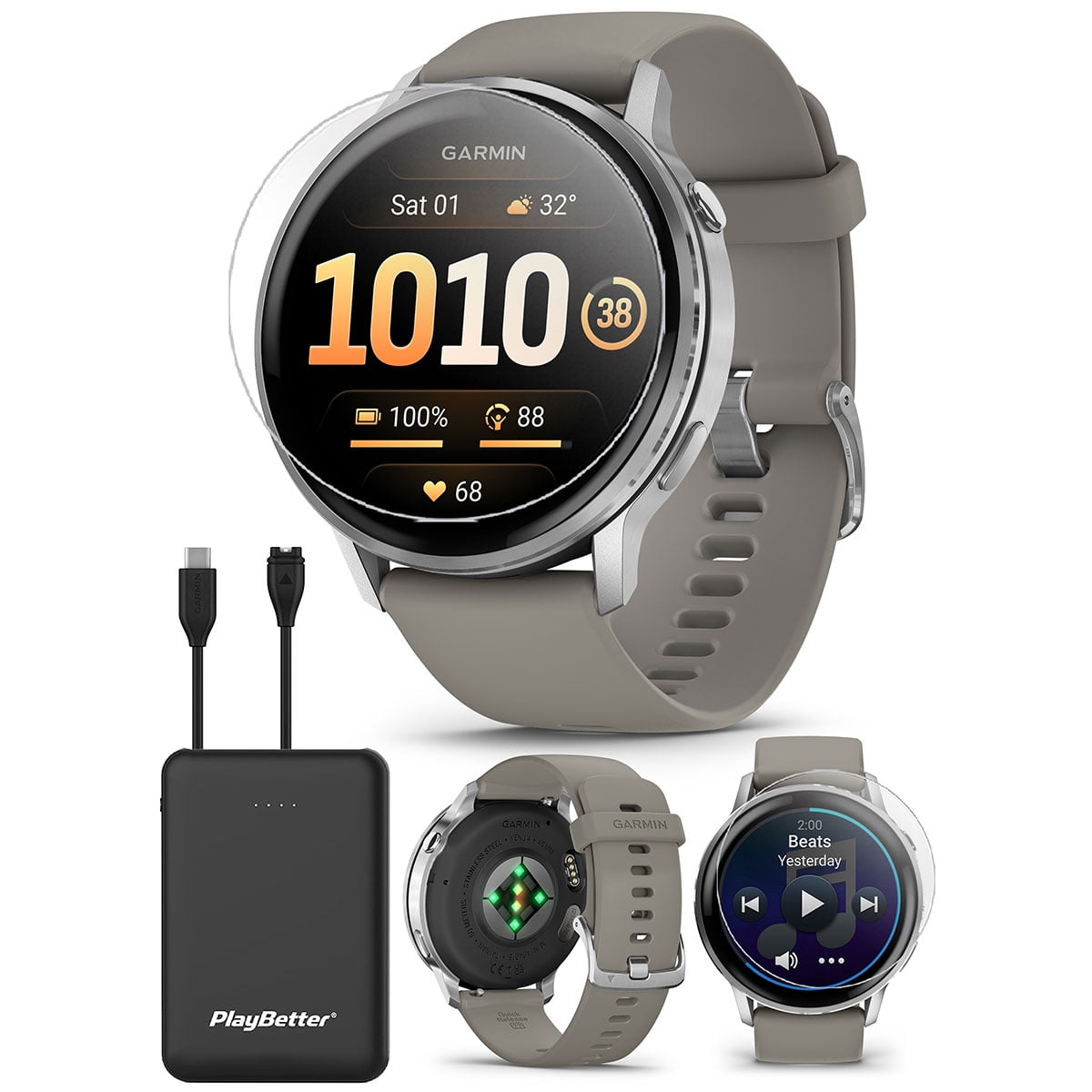 Garmin Venu 4 (Silver/Silver Gray, 45mm) Fitness GPS Smartwatch Bundle with PlayBetter Portable Charger & HD Screen Protectors