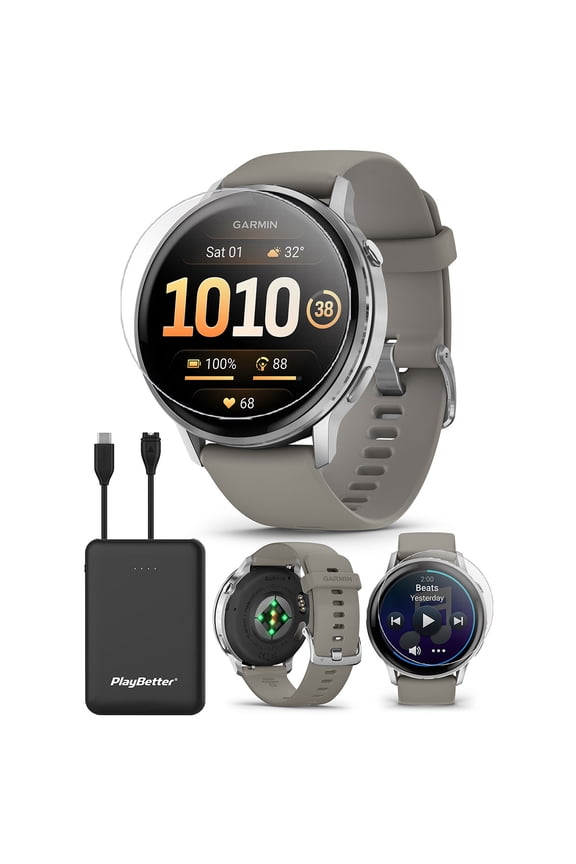 Garmin Venu 4 (Silver/Silver Gray, 45mm) Fitness GPS Smartwatch Bundle with PlayBetter Portable Charger & HD Screen Protectors