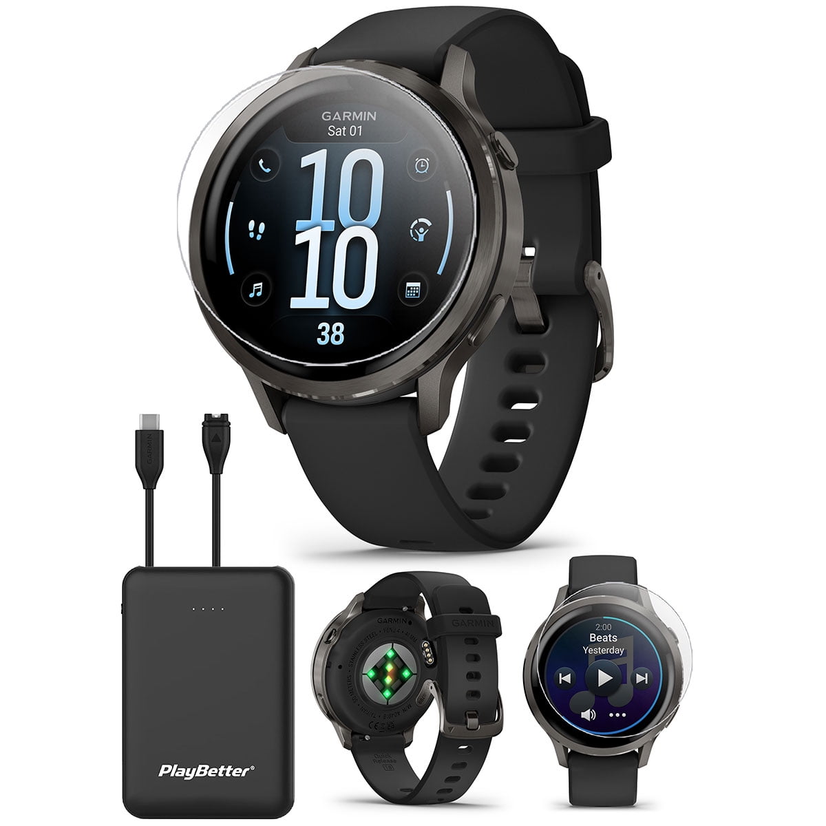 Garmin Venu 4 (Slate/Black, 41mm) Fitness GPS Smartwatch Bundle with PlayBetter Portable Charger & HD Screen Protectors
