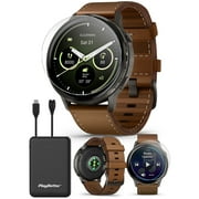 Garmin Venu 4 (Slate/Black/Brown Leather, 45mm) Fitness GPS Smartwatch Bundle with PlayBetter Portable Charger & HD Screen Protectors