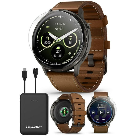Garmin Venu 4 (Slate/Black/Brown Leather, 45mm) Fitness GPS Smartwatch Bundle with PlayBetter Portable Charger & HD Screen Protectors