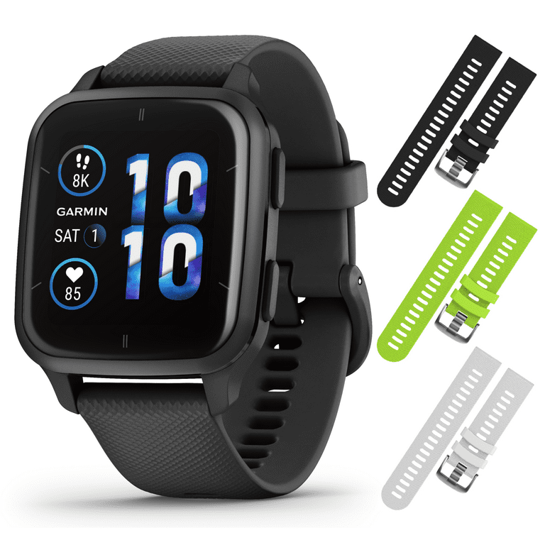 Garmin Venu Sq Smartwatch, with GPS Straps Battery Music AMOLED - All-Day Long-Lasting Unisex Edition, 2 Bundle Life, (Black/Lime/White) Monitoring, Black/Slate 3 Display