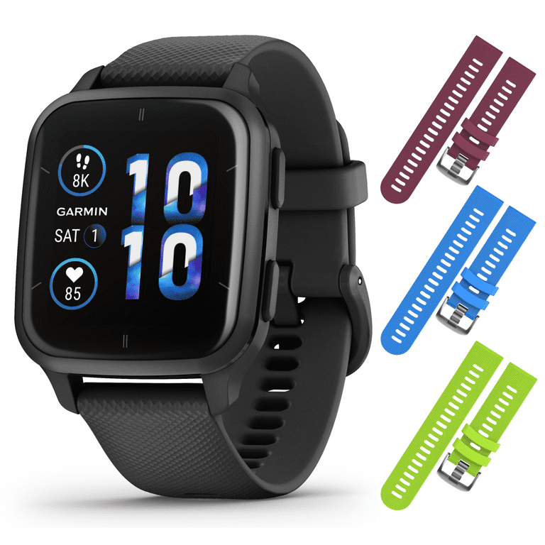 Garmin Venu Sq 2 - Music Edition, Unisex GPS Smartwatch, All-Day  Monitoring, Long-Lasting Battery Life, Black/Slate with Wearable4U 3 Straps  Bundle (Berry/Blue/Lime) 