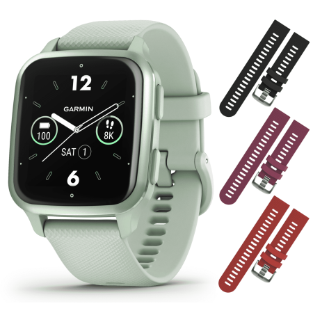 Garmin Venu Sq 2 Unisex GPS Smartwatch, All-Day Health Monitoring, Long-Lasting Battery Life, AMOLED Display, Cool Mint/Metallic Mint with Wearable4U 3 Straps Bundle (Black/Berry/Red)