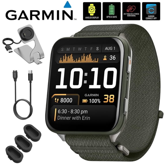 Garmin Venu X1 Premium GPS Smartwatch, Moss Titanium 010-02980-01 Bundle with Deco Essentials Charging Dock, 3x Silicone Dust Cover and USB Type C Charging and Sync Cable