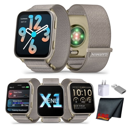 Garmin Venu X1, Thin and Lightweight GPS Smartwatch, 2" AMOLED Display, LED Flashlight, Built-In Speaker, 8 Days Battery Life Soft Gold with Titanium Caseback and French Gray Nylon Band