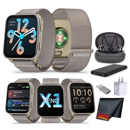 Garmin Venu X1, Thin and Lightweight GPS Smartwatch, 2-Inch AMOLED Display, LED Flashlight, Built-In Speaker, 8 Days Battery Life, Soft Gold with Titanium Caseback and French Gray Nylon Band