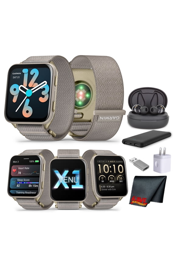 Venu X1, Thin and Lightweight GPS Smartwatch, 2-Inch AMOLED Display, LED Flashlight, Built-In Speaker, 8 Days Battery Life, Soft Gold with Titanium Caseback and French Gray Nylon Band