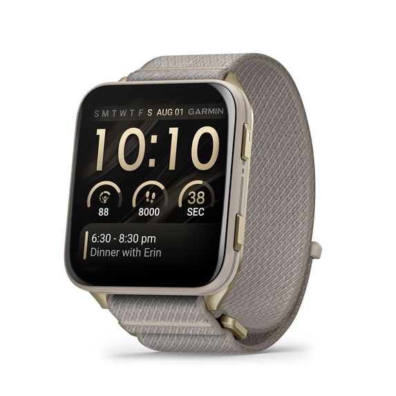 Garmin Venu X1, Thin and Lightweight GPS Smartwatch, AMOLED Display, Advanced Health and Fitness Features, Soft Gold with Titanium Caseback and French Gray ComfortFit Nylon Band