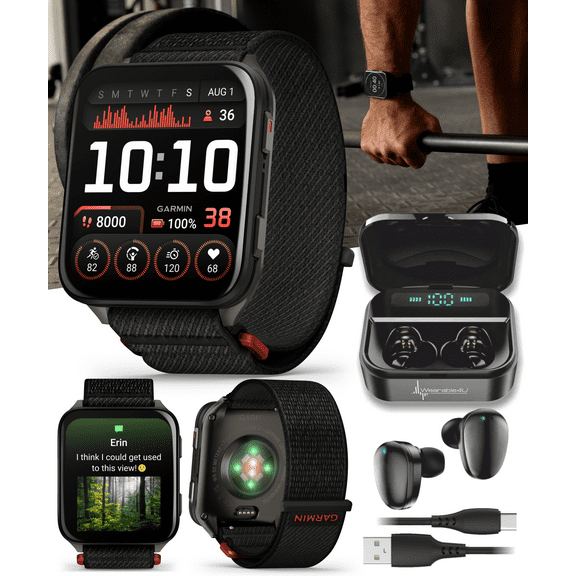 Garmin Venu X1 Thin and Lightweight GPS Smartwatch, AMOLED Display, Black with Slate Titanium Comfort Fit Nylon Band with Wearable4U Black EarBuds Bundle