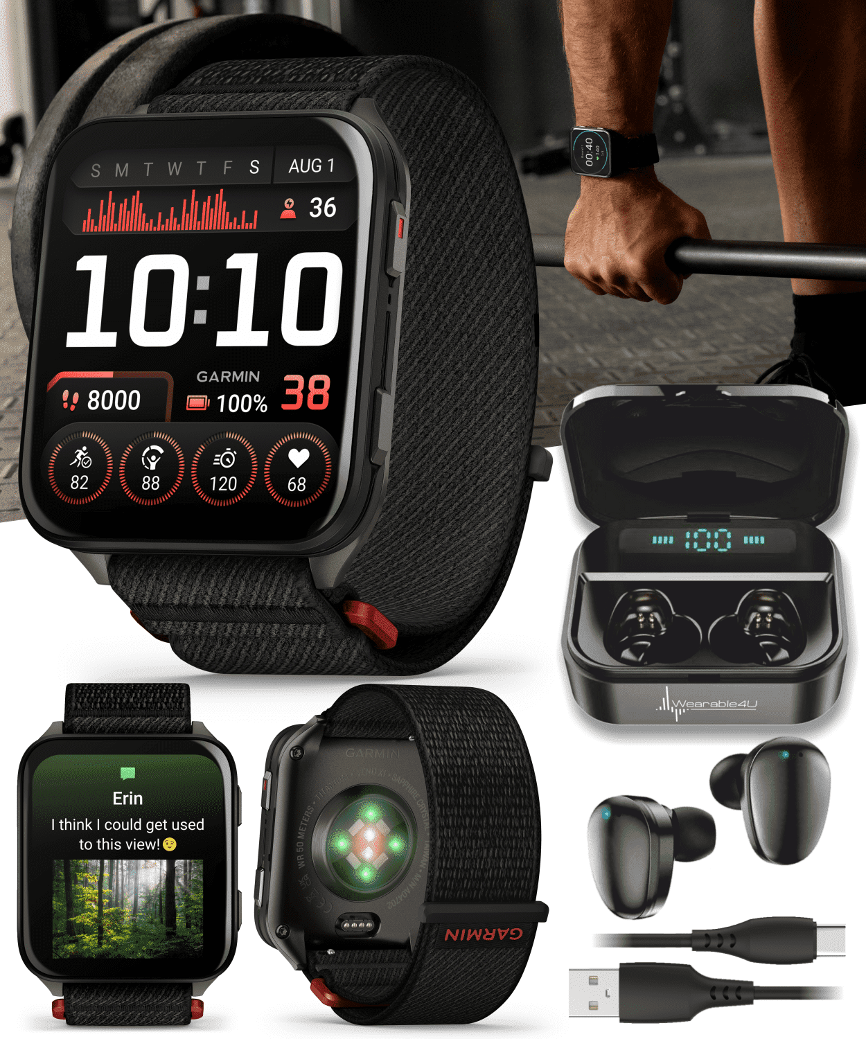 Garmin Venu X1 Thin and Lightweight GPS Smartwatch, AMOLED Display, Black with Slate Titanium Comfort Fit Nylon Band with Wearable4U Black EarBuds Bundle