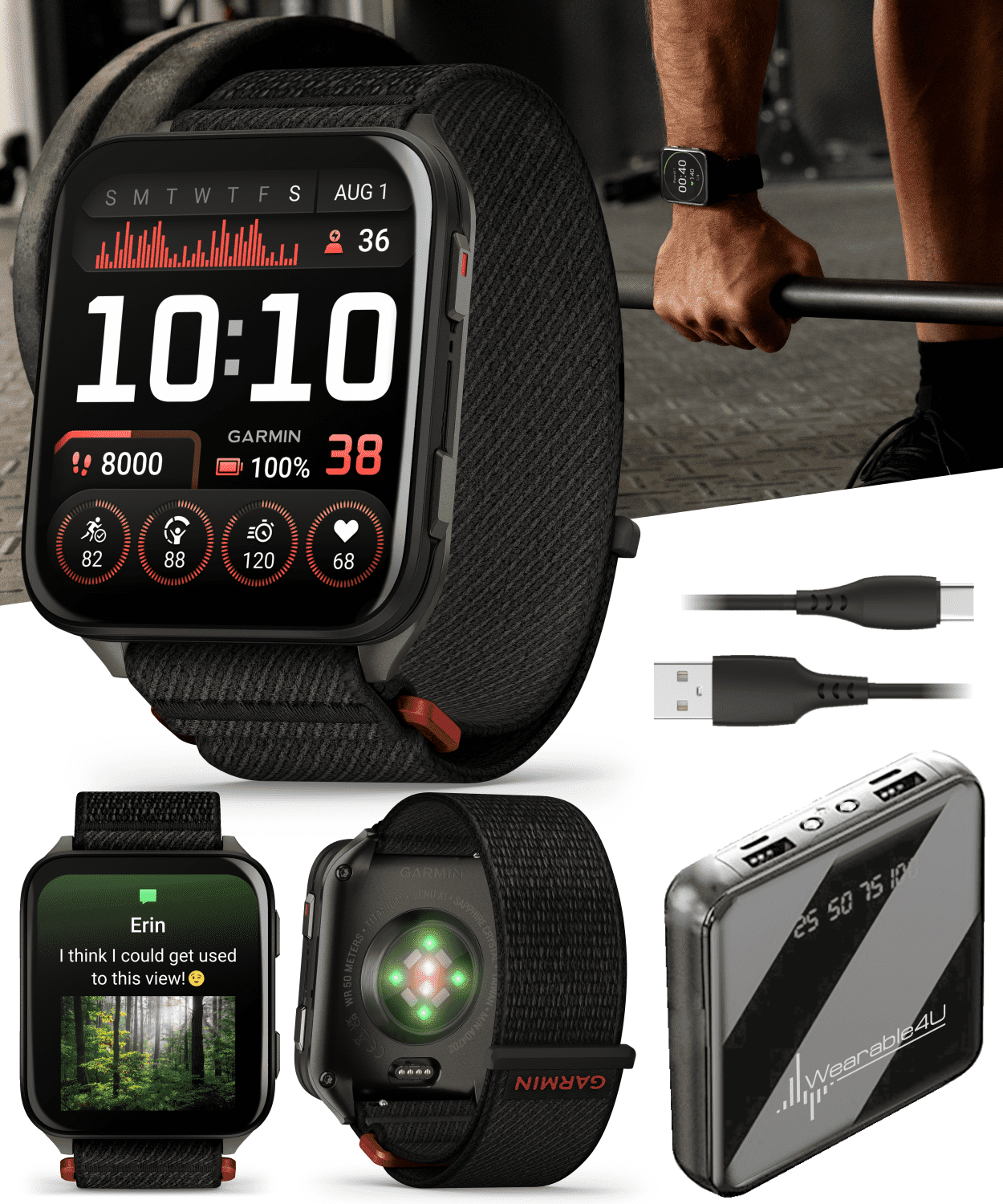 Garmin Venu X1 Thin and Lightweight GPS Smartwatch, AMOLED Display, Black with Slate Titanium Comfort Fit Nylon Band with Wearable4U Power Bank Bundle