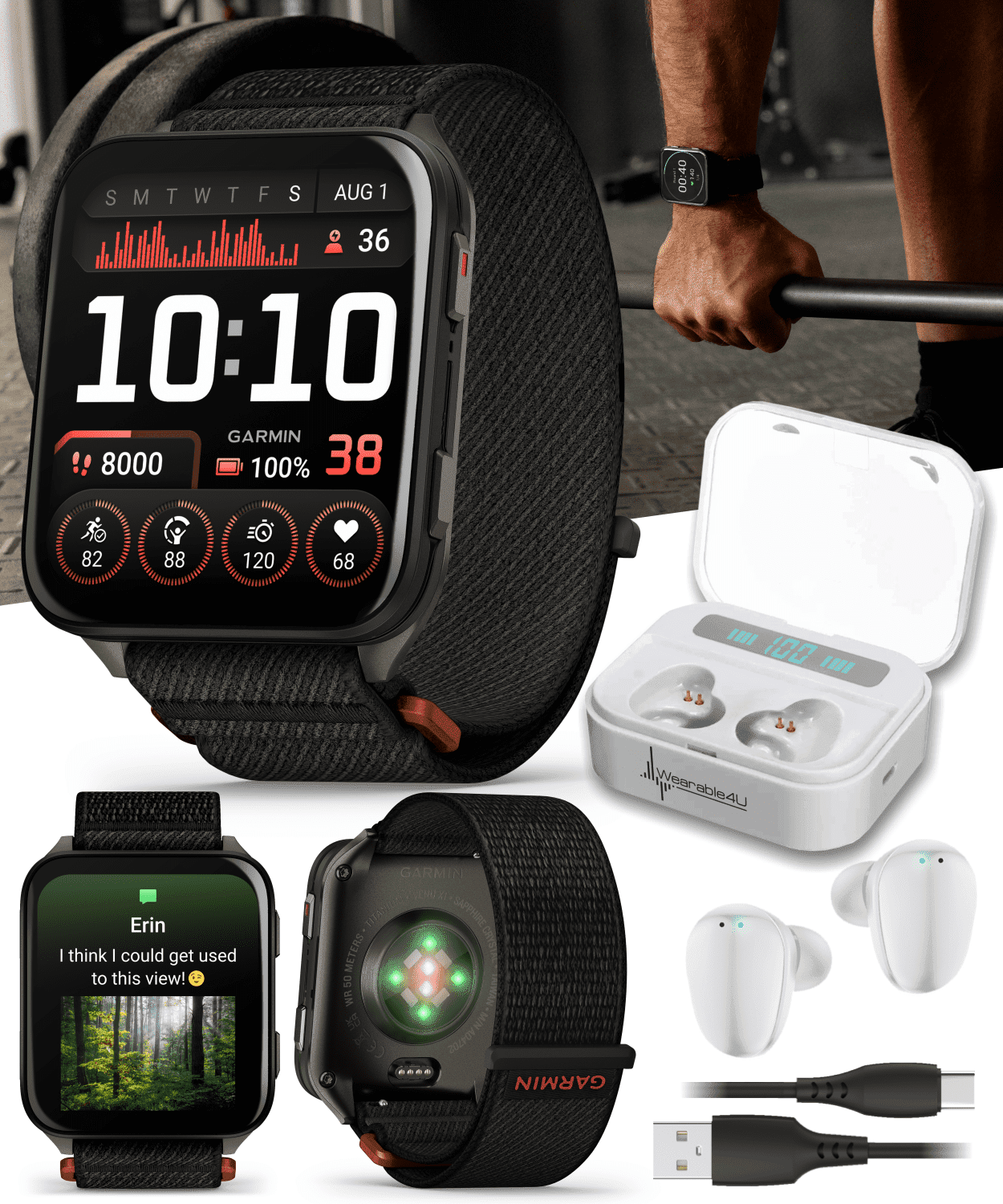 Garmin Venu X1 Thin and Lightweight GPS Smartwatch, AMOLED Display, Black with Slate Titanium Comfort Fit Nylon Band with Wearable4U White EarBuds Bundle