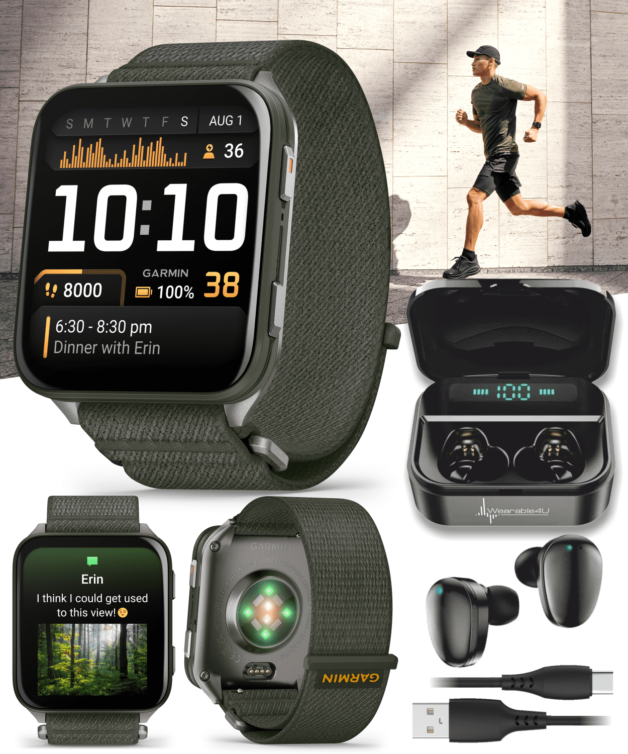 Garmin Venu X1 Thin and Lightweight GPS Smartwatch, AMOLED Display, Moss with Titanium Caseback and Moss ComfortFit Nylon Band with Wearable4U Black EarBuds Bundle