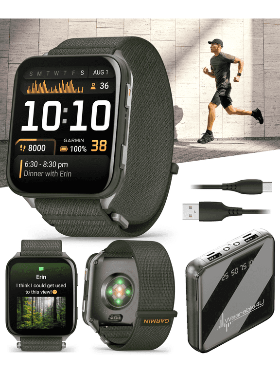 Venu X1 Thin and Lightweight GPS Smartwatch, AMOLED Display, Moss with Titanium Caseback and Moss ComfortFit Nylon Band with Wearable4U Power Bank Bundle