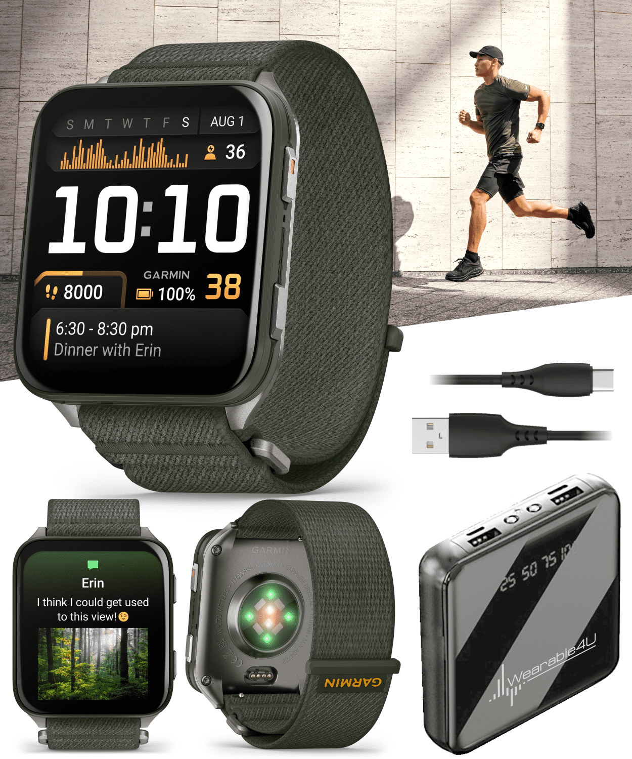 Garmin Venu X1 Thin and Lightweight GPS Smartwatch, AMOLED Display, Moss with Titanium Caseback and Moss ComfortFit Nylon Band with Wearable4U Power Bank Bundle