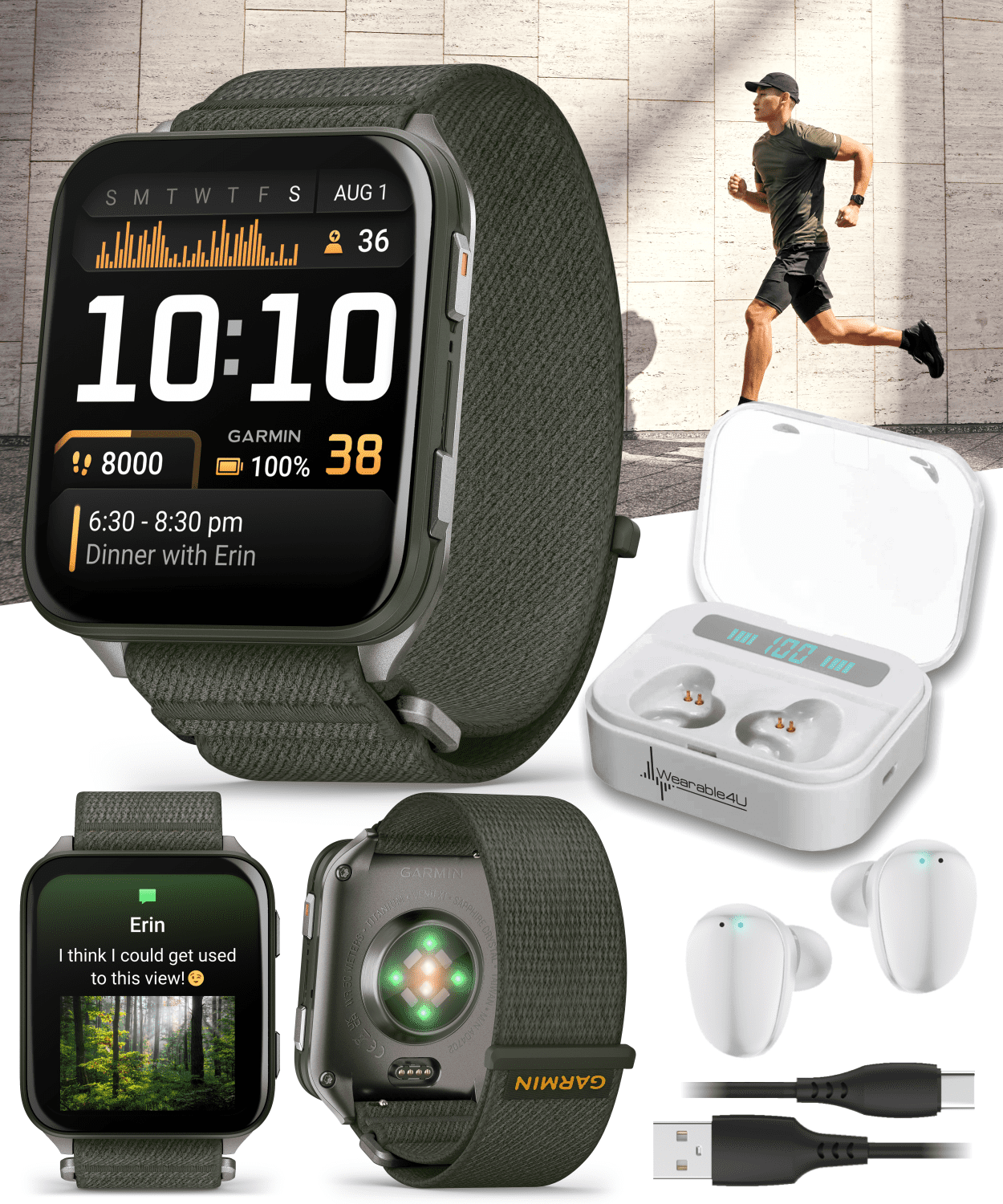 Garmin Venu X1 Thin and Lightweight GPS Smartwatch, AMOLED Display, Moss with Titanium Caseback and Moss ComfortFit Nylon Band with Wearable4U White EarBuds Bundle