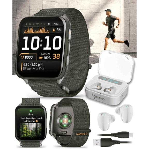 Garmin Venu X1 Thin and Lightweight GPS Smartwatch, AMOLED Display, Moss with Titanium Caseback and Moss ComfortFit Nylon Band with Wearable4U White EarBuds Bundle