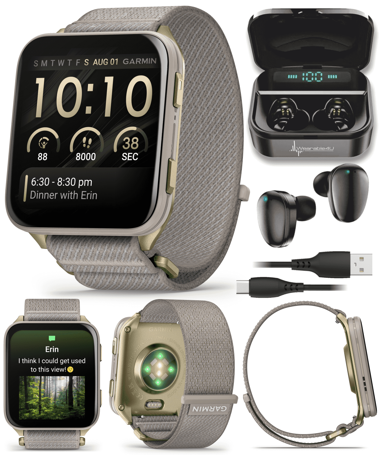 Garmin Venu X1 Thin and Lightweight GPS Smartwatch, AMOLED Display, Soft Gold with Titanium Caseback & French Gray Nylon Band with Wearable4U Black EarBuds Bundle