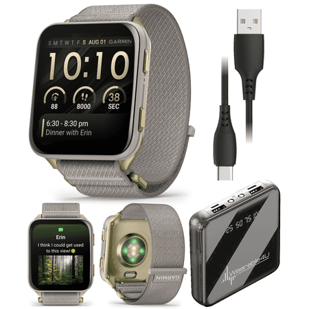 Garmin Venu X1 Thin and Lightweight GPS Smartwatch, AMOLED Display, Soft Gold with Titanium Caseback & French Gray Nylon Band with Wearable4U Power Bank Bundle