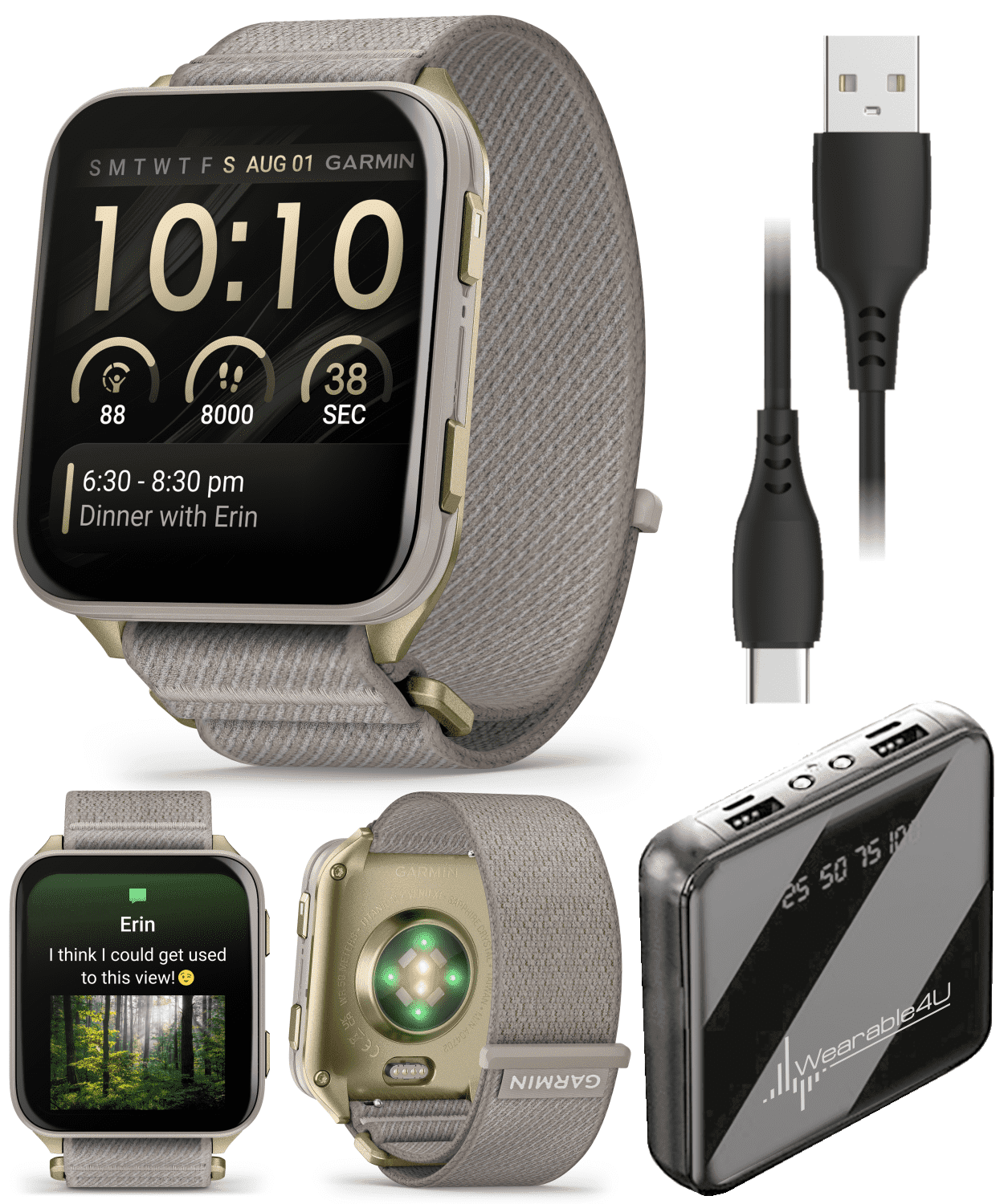 Garmin Venu X1 Thin and Lightweight GPS Smartwatch, AMOLED Display, Soft Gold with Titanium Caseback & French Gray Nylon Band with Wearable4U Power Bank Bundle