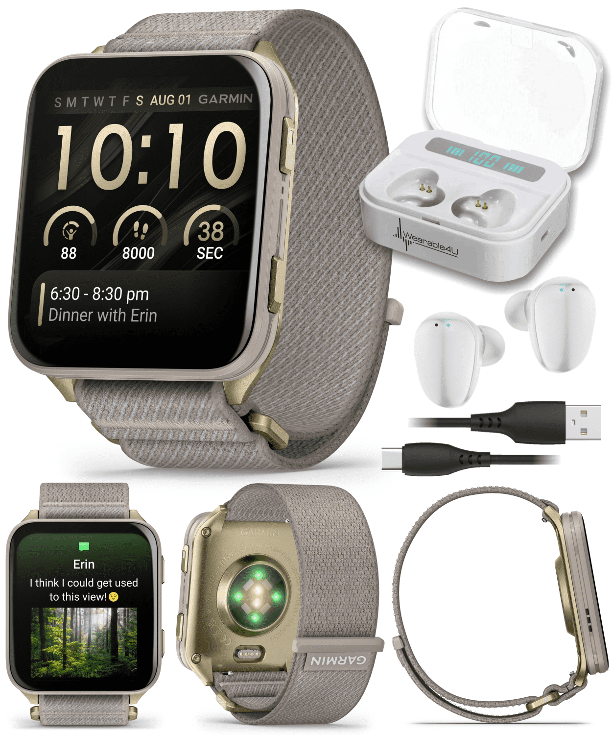 Garmin Venu X1 Thin and Lightweight GPS Smartwatch, AMOLED Display, Soft Gold with Titanium Caseback & French Gray Nylon Band with Wearable4U White EarBuds Bundle