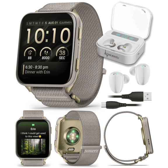 Garmin Venu X1 Thin and Lightweight GPS Smartwatch, AMOLED Display, Soft Gold with Titanium Caseback & French Gray Nylon Band with Wearable4U White EarBuds Bundle
