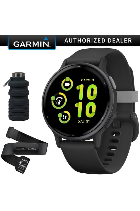 Vivoactive 5 Fitness Smartwatch, Black with HRM 200 Heart Rate Monitor Strap (M-XL) Bundle with Deco Essentials Collapsable Water Bottle