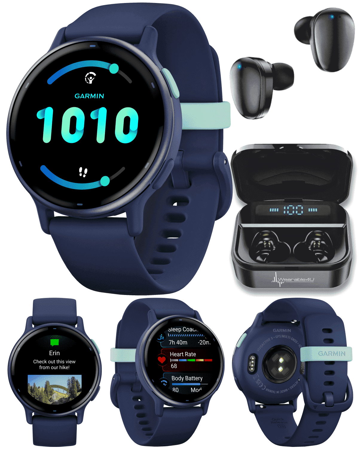 Garmin Vivoactive 5 Health and Fitness GPS Smartwatch, 1.2 in AMOLED Display, Up to 11 Days of Battery, Metallic Navy Aluminum Bezel with Navy Cas with Wearable4U Black EarBuds Bundle