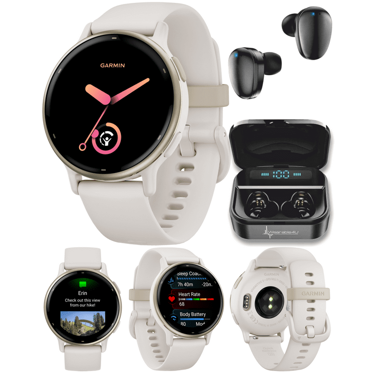 Garmin Vivoactive 5 Health and Fitness GPS Smartwatch, 1.2in AMOLED  Display, Up to 11 Days of Battery, Cream Gold Aluminum Bezel with Ivory  Case and Silicone Band with Wearable4U Black EarBuds Bundle 
