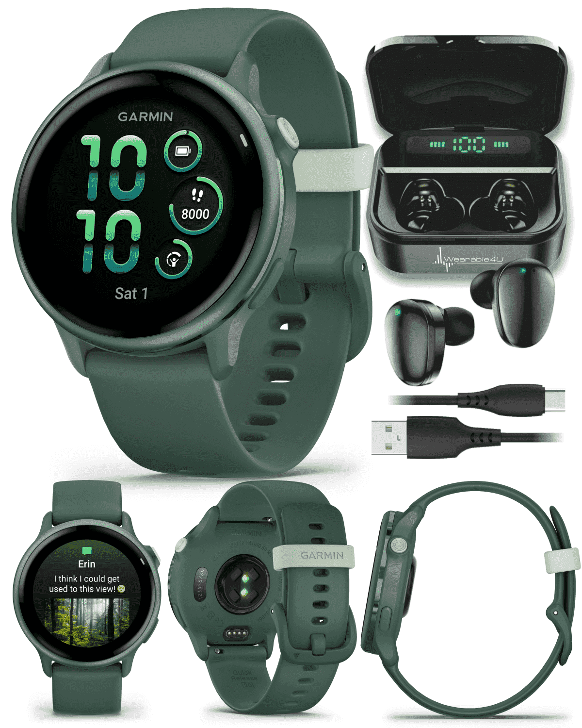 Garmin Vivoactive 6 - Health & Wellness GPS Smartwatch, 1.2 in Bright AMOLED Display, Metallic Jasper Green & Jasper Green Band w/ Wearable4U Black EarBuds Bundle