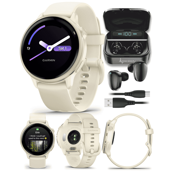 Garmin Vivoactive 6 - Health & Wellness GPS Smartwatch, 1.2 in Bright AMOLED Display, Lunar Gold with Bone Band w/ Wearable4U Black EarBuds Bundle