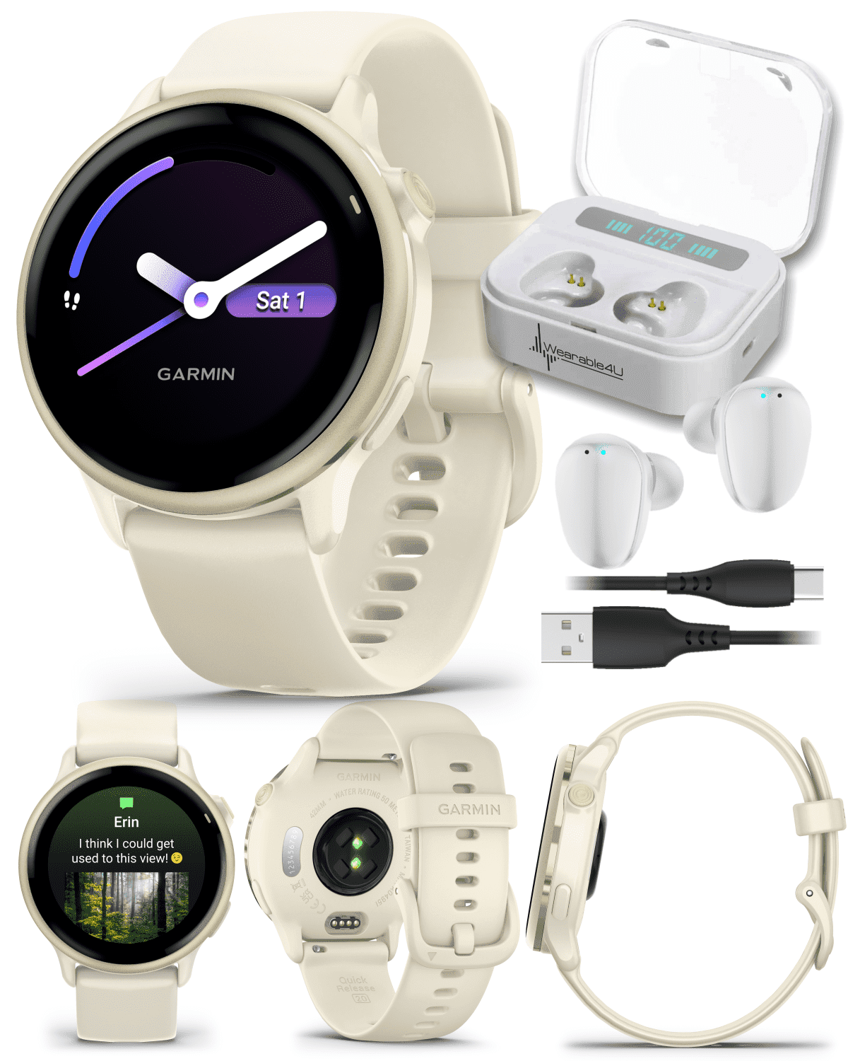 Garmin Vivoactive 6 - Health & Wellness GPS Smartwatch, 1.2 in Bright AMOLED Display, Lunar Gold with Bone Band w/ Wearable4U White EarBuds Bundle
