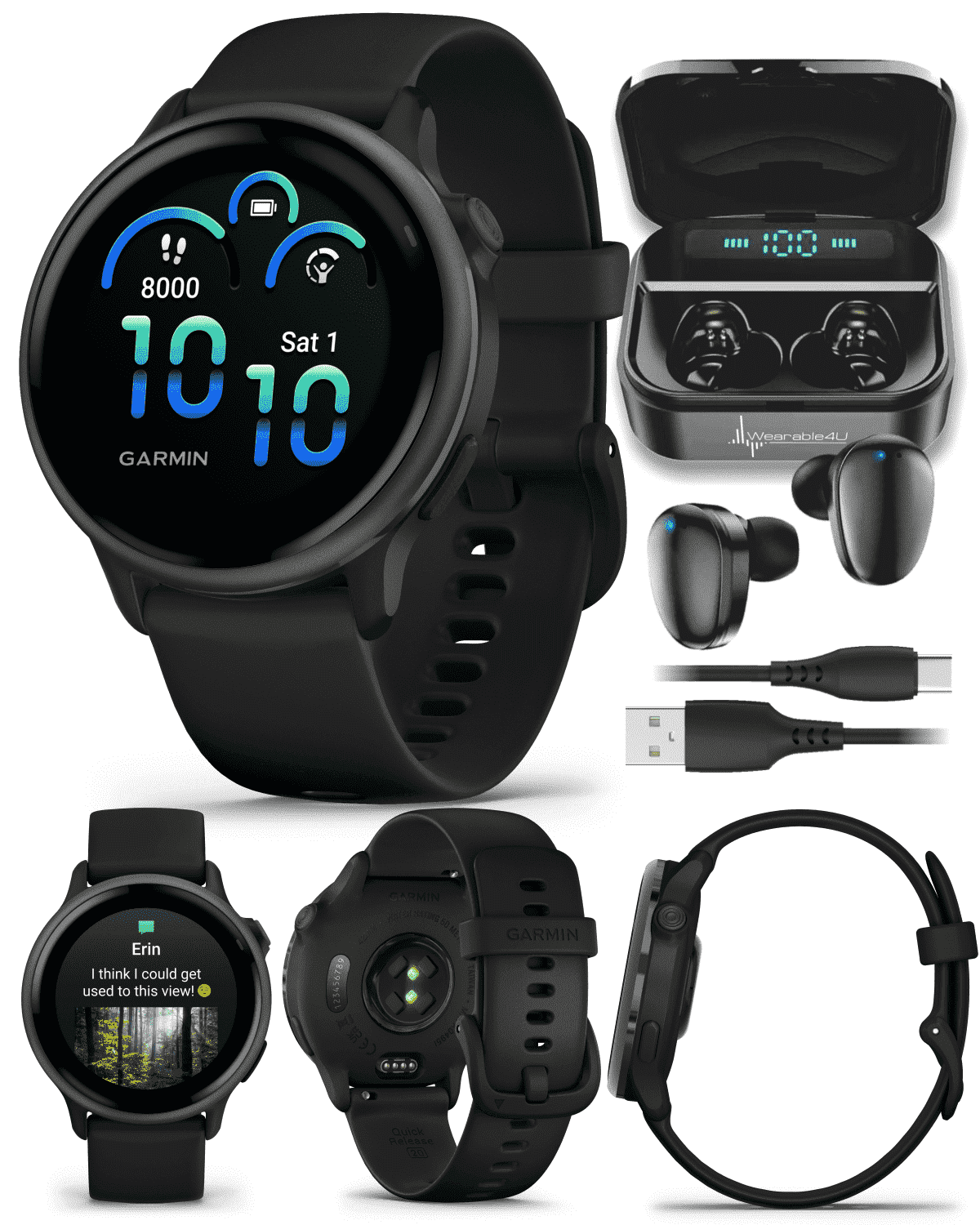 Garmin Vivoactive 6 - Health & Wellness GPS Smartwatch, 1.2 in Bright AMOLED Display, Slate with Black Band w/ Wearable4U Black EarBuds Bundle