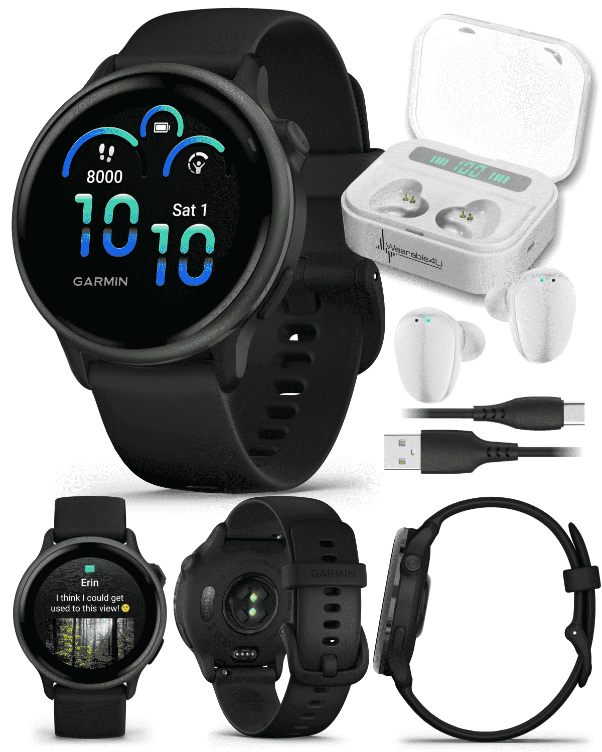 Garmin Vivoactive 6 - Health & Wellness GPS Smartwatch, 1.2 in Bright AMOLED Display, Slate with Black Band w/ Wearable4U White EarBuds Bundle