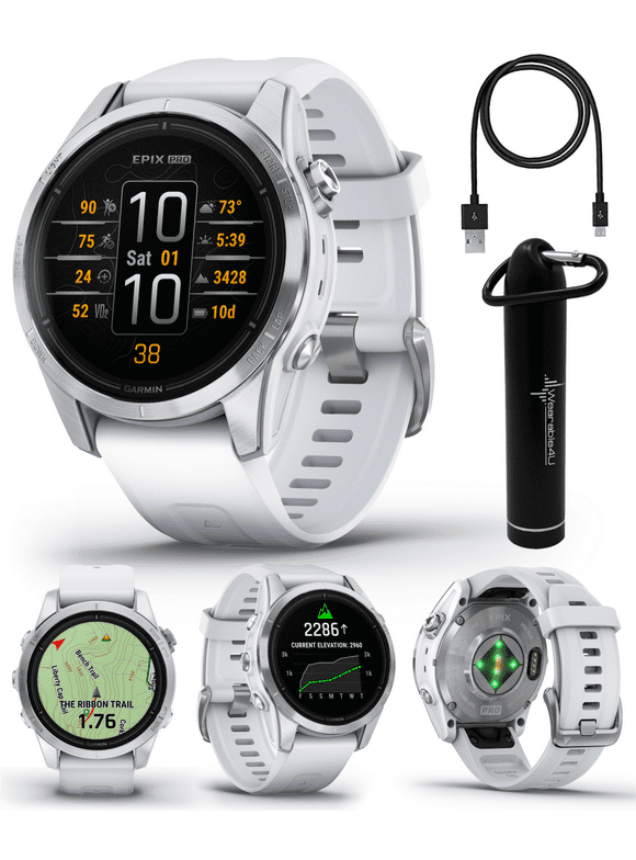 Garmin epix Pro (Gen 2), 42mm, High Performance Smartwatch, Advanced Training Technology, Built-in Flashlight, Whitestone with Wearable4U Power Bank Bundle
