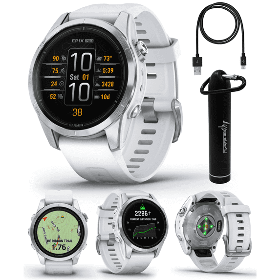 Garmin epix Pro (Gen 2), 42mm, High Performance Smartwatch, Advanced Training Technology, Built-in Flashlight, Whitestone with Wearable4U Power Bank Bundle