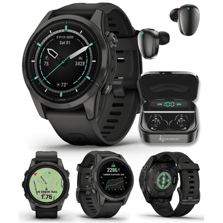 Garmin epix Pro (Gen 2) Sapphire Edition, 42mm, High Performance Smartwatch, Advanced Training Technology, Built-in Flashlight, Black with Wearable4U Black EarBuds Bundle