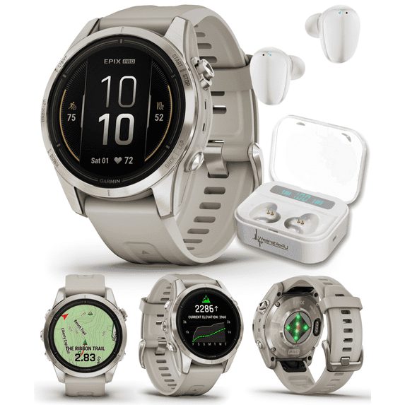 Garmin epix Pro (Gen 2) Sapphire Edition, 42mm, High Performance Smartwatch, Advanced Training Technology, Built-in Flashlight, Light Sand with Wearable4U White EarBuds Bundle