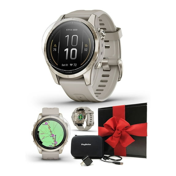 Garmin epix Pro (Gen 2) Sapphire (Soft Gold/Light Sand) 42mm Multisport AMOLED GPS Watch | Gift Box Bundle with PlayBetter Screen Protectors, Wall Adapter & Hard Case