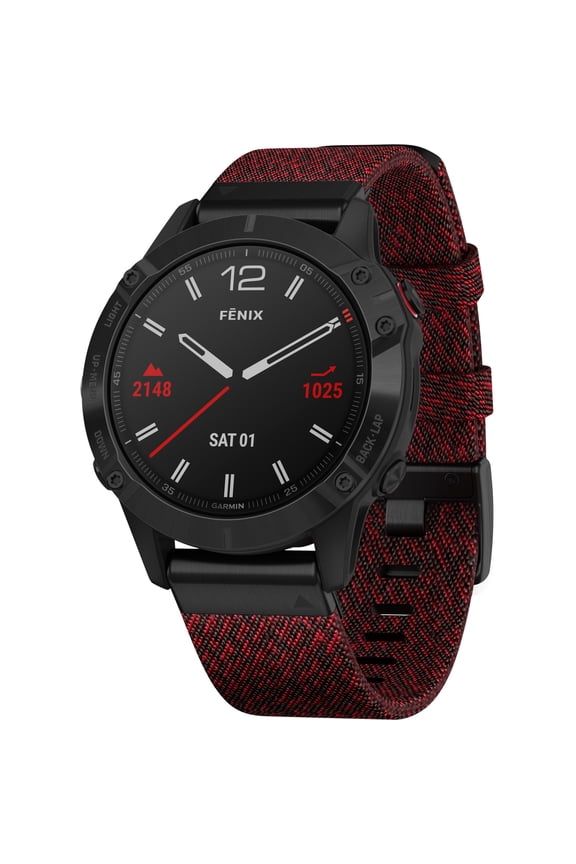 Open Box Garmin fnix 6 - Pro and Sapphire Editions - Black DLC with Heathered Red Nylon Band
