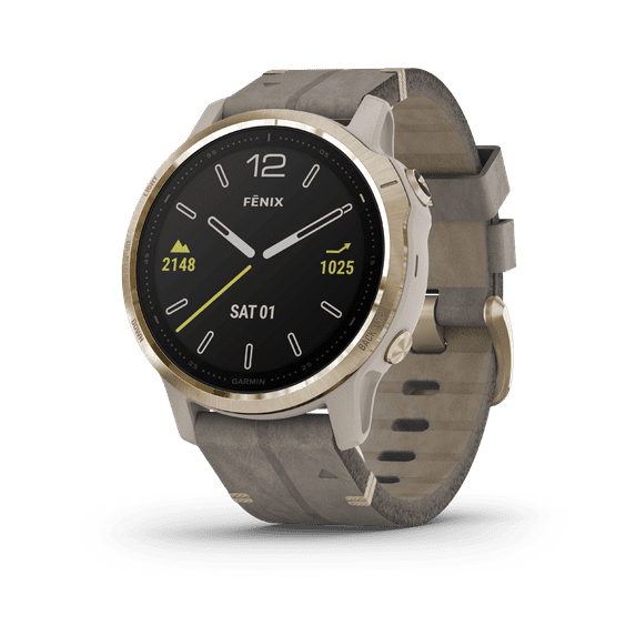 Garmin fēnix® 6S – Sapphire – Light Gold-tone with Shale Gray Leather Band