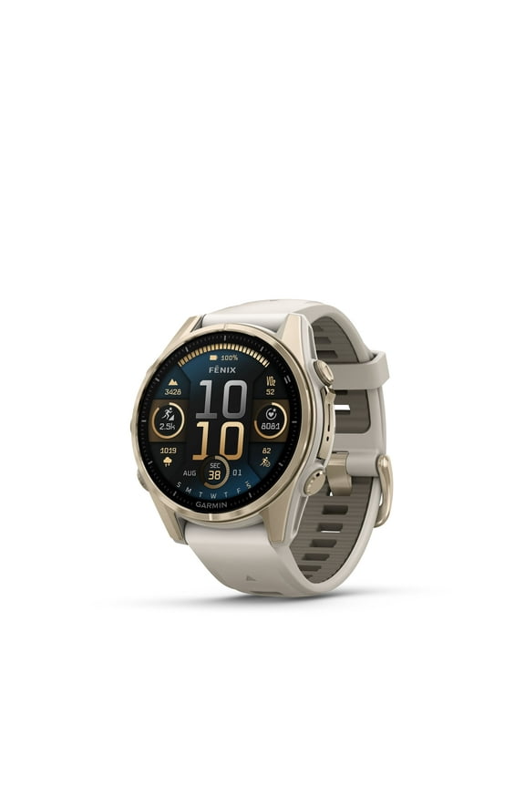 fēnix 8 – 43mm, AMOLED, Sapphire, Premium Multisport GPS Smartwatch, Long-Lasting Battery Life, Dive-Rated, Built-In LED Flashlight, Soft Gold with Dark Sandstone Band